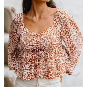 Small Orange Floral Balloon Sleeve Top Boho Western Cowgirl Peasant Cottage